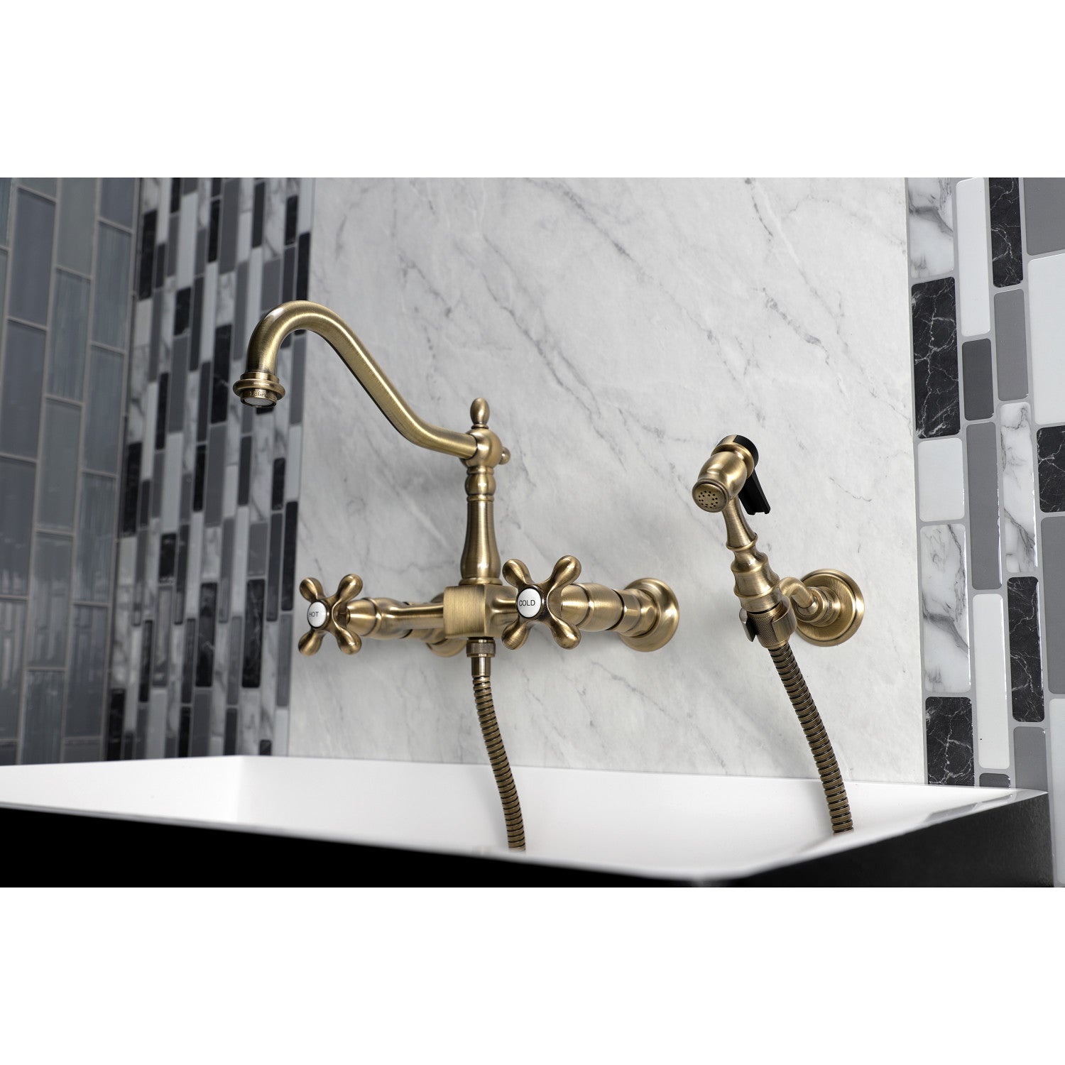 Kingston Heirloom KS1243AXBS - Heritage Two-Handle 3-Hole Wall Mount Bridge Kitchen Faucet with Brass Sprayer, Antique Brass — thumbnail 2